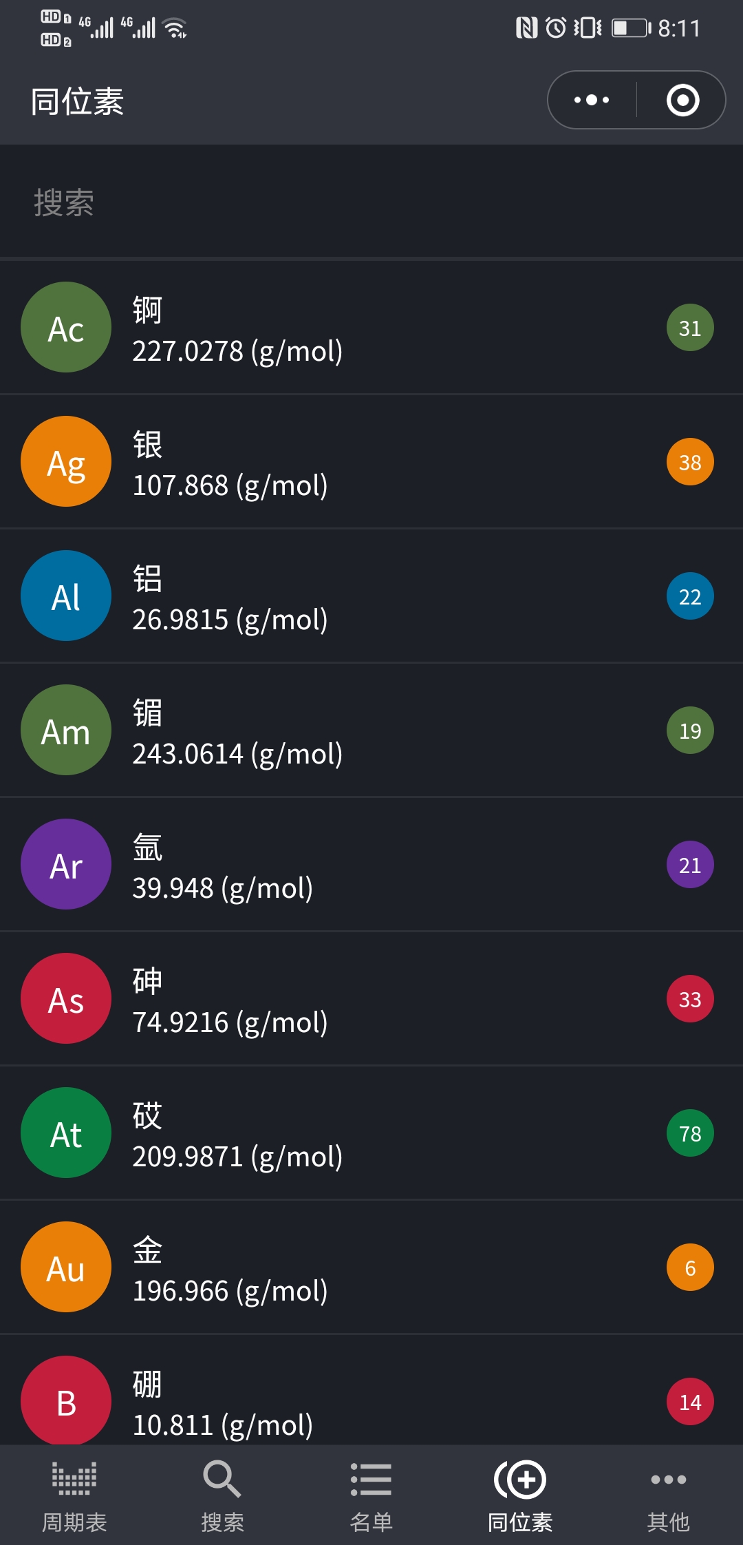 同位素信息列表